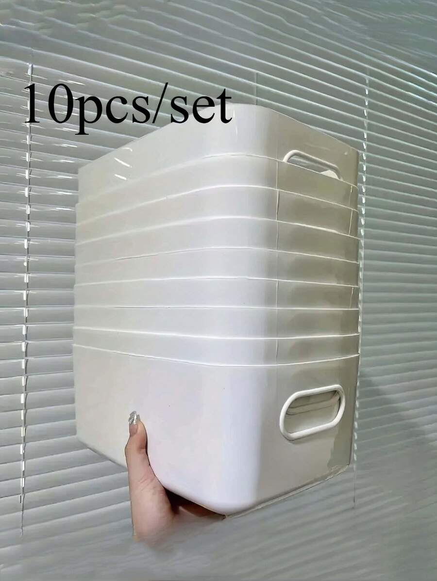 10 Pieces White Plastic Storage Basket With Handle - Multifunctional Rectangular Storage Box For Kitchen Cabinets, Bathroom And Pantry - Perfect For Spices, Snacks Essentials, Shelf Basket