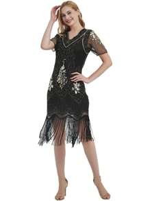 1920S Women's Flying Boom Girl Dress Sequin Dress V-Neck Lace Tassel Dress Clothing With Roaring 20s Accessories For 20s Reception, Prom, Role Play,Mother's Day Gift