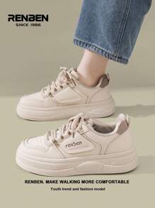RENBEN Women's Thick Sole White Sneakers, Spring 2025 New Fashion Casual Beige Shoes, Versatile & Popular Small Niche Student White Canvas Shoes - Khaki - View 8
