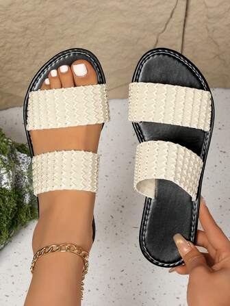 大码女式平底拖鞋，简洁优雅，柔软底部，舒适弹性带，带金属线细节