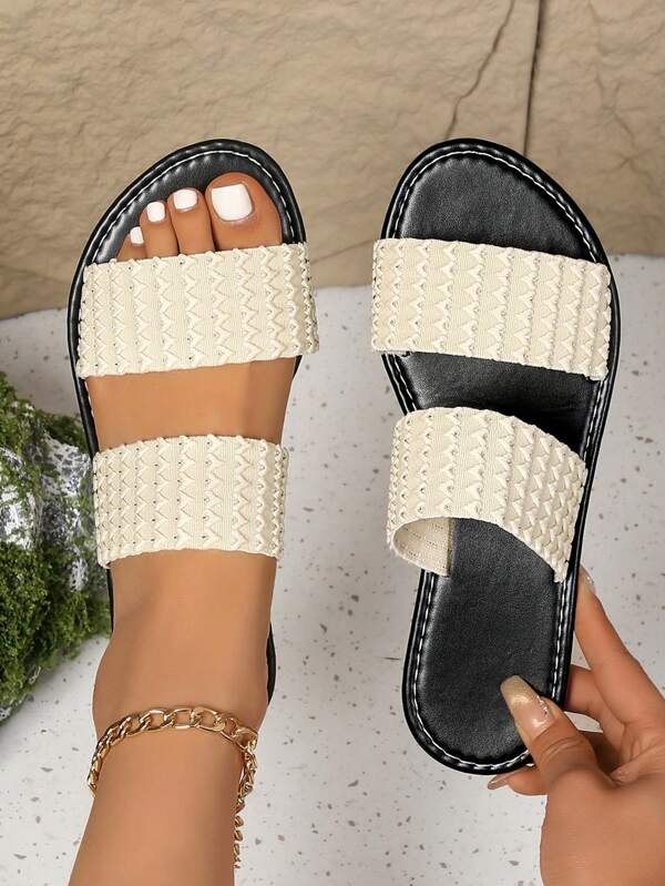 Plus Size Women Flat Slippers, Simple & Elegant Soft Bottom Comfortable Elastic Straps With Metallic Thread Detail