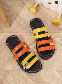 1 Double Learning Girls PU Open Toe Round Toe Flat Slippers, Light Casual Roman Sandals Suitable For 3-15 Years Old Baby Girls, Fashion Cute Color Contrast Design, Spring And Summer New Suitable For Outdoor Beach - Yellow - View 3