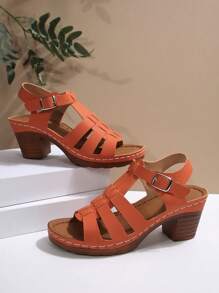Comercio transfronterizo Tallas grandes 36-43 Sandalias de tacón alto grueso de moda color negro, sandalias blancas de uso diario con puntera abierta, sandalias para mujer de suela gruesa naranja, nuevos llegados de verano