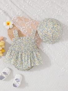 女婴雏菊印花凉爽连衣裙和帽子套装，夏季（非美国网站）