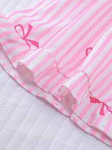 2-delige set jonge meisjes korte mouw top & shorts pyjama voor de zomer, lichtgewicht stijl met streep & strik print patroon, casual nachtkleding huiskleding