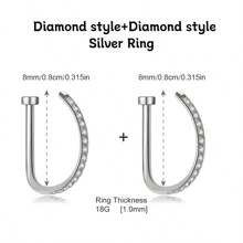 2 Pieces/1-Piece Fashion Nose Rings, Gold And Silver Stainless Steel Nose Rings, Non-Piercing Design Fake Nose Rings, Punk Style, Hip Hop Style, D-Shaped Nose Rings, Crystal Nose Rings, Zirconia-Inlaid Fake Nose Rings