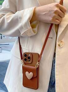 Valentines New Cute Crossbody Lanyard Necklace Strap Card Holder Silicone Phone Case Compatible With Iphone 16 15 14 11 12 13 Pro Max X XR 14 15 16 Plus 3D Heart Shockproof Bumper Cover Waterproof Anti-Fall Scratch Resistant - Brown - View 3