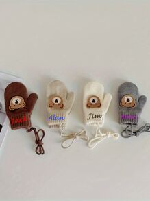 Personalized 1-4 Years Old 1 Pair Cute Bear Face Knitted Children Gloves, Small Bear Fingerless Knitted Gloves, Cartoon Adorable Neck Hanging Winter Baby Warm Knit Mittens - Multicolor - View 2