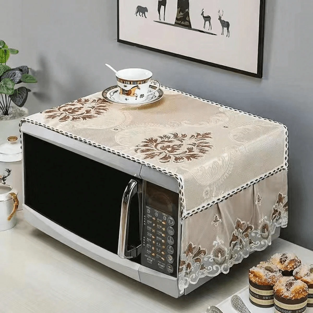 European Style Fabric Bright Color Microwave Oven Dust Cover With Lace Oven Cover Cloth High-Grade Sunscreen Washable New 1pc,Bag,Organizer,Storage