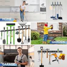 1 st. RVS dweil- en bezemhouder voor aan de muur - 4 rekken en 5 haken Tuingereedschapsorganizer, robuuste herbruikbare rek voor keuken, garage, wasruimte, opslag, zwart