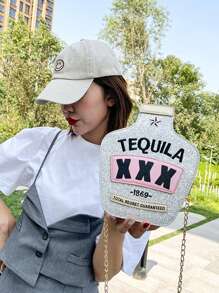 Ví hình chai laser Y2k, Túi mới lạ đính sequin, Túi đeo chéo xích Tequila sáng bóng dễ thương - Hoàn hảo cho lễ hội hóa trang Mardi Gras - Bạc - Xem 4