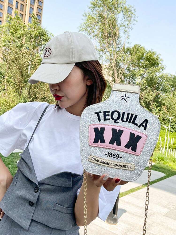 Ví hình chai laser Y2k, Túi mới lạ đính sequin, Túi đeo chéo xích Tequila sáng bóng dễ thương - Hoàn hảo cho lễ hội hóa trang Mardi Gras - Bạc - Xem 4