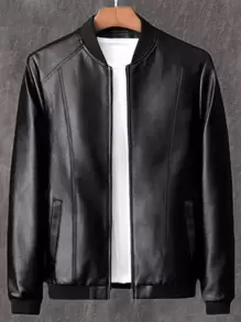 Men's PU Leather Jacket Slim Fit Casual Motorcycle Biker Jacket - Black - View 5