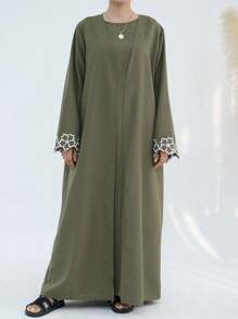 一件式女式宽松优雅刺绣袖口开袖长袍，适合日常生活和聚会春季时尚伊斯兰服装卡夫坦长袍，端庄 - 綠色 - 查看 4
