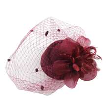 Pillbox Hat - 20s/50s Retro Fascinators Women Tea Hat With Feather Veil Net Headband - Burgundy - View 2