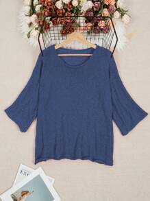 Plus Size Women Casual Loose Solid Color 3/4 Sleeve Sweater - Blue - View 4