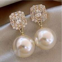 1 par de aretes elegantes de perla falsa con metal y rhinestones, adecuados para uso diario, fiestas y bodas de mujeres