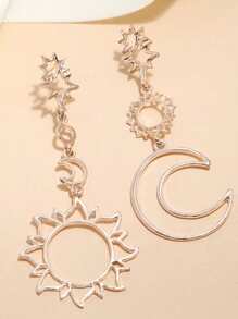 2pcs Women Geometric Hollow Asymmetrical Stud Earrings With Star & Moon Design - Star and Moon Earrings - View 14