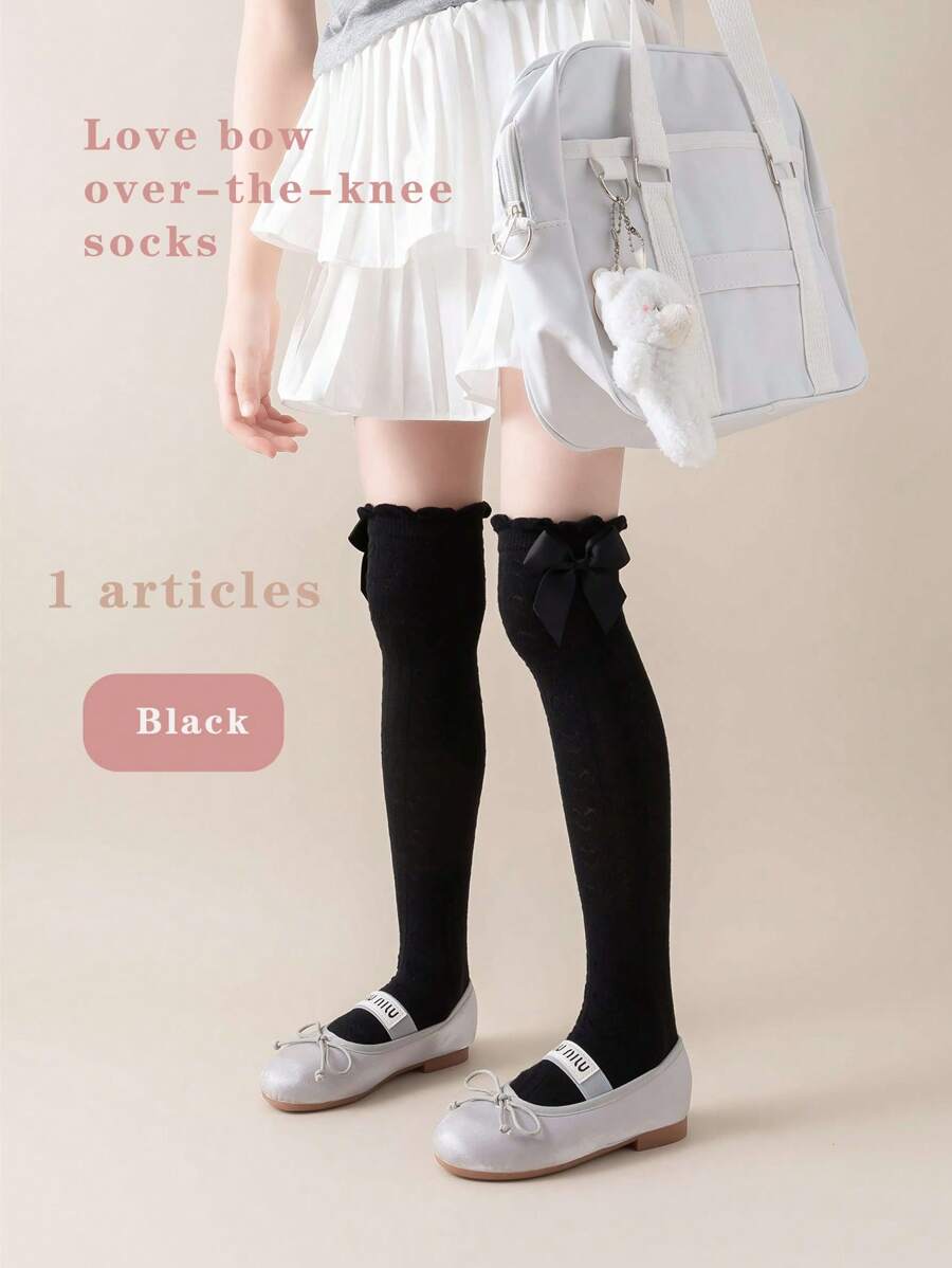 1 Pair Girls Spring/Summer Style Black Bow & Heart Pattern Design Knee-High Socks, Fashionable & Comfortable, Suitable For Various Occasions - Black - View 1