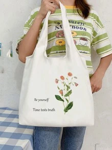 1 件定制时尚帆布手提袋，花卉和文字设计，独特，礼物，大容量，轻便，购物，杂货，可折叠，个性化字母，名字，口号，适合外出，休闲，学校，办公室，存储 - 白色 - 查看 3
