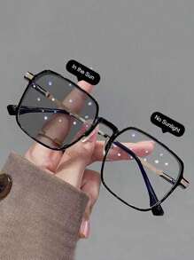 1PC Men's And Women's Square Large Size PC Frame Metal Feet Casual Color-Changing Fashion Eyeglasses Light Plano Lenses, Suitable For Driving, Indoor And Outdoor Wear