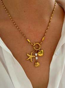 1pc New Starfish & Shell Faux Pearl 3-Way Wear Stainless Steel Necklace For Women - Necklace - View 2