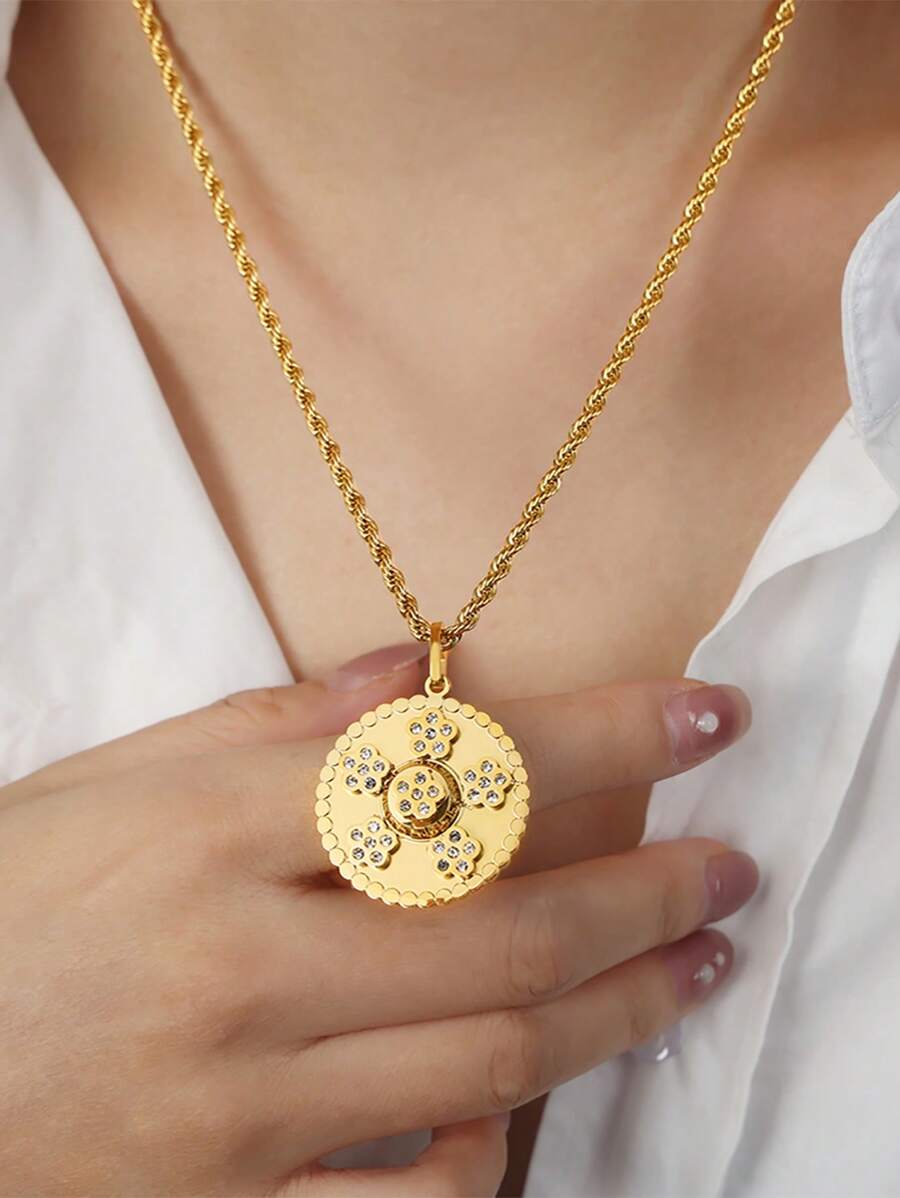 1pc Vintage Rhinestone Circular Lotus Print Gold Pendant Necklace, Suitable For Daily Wear And Vacation, Great Gift For Friends - Lotus Pendant Necklace - View 1