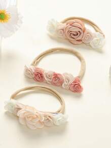 3pcs/Pack Baby Girls Soft & Stretchy Nylon Flower Headbands, Suitable For Newborns & Infants Photo Shoot - Mika Artificial Flower 3-piece Set - View 2
