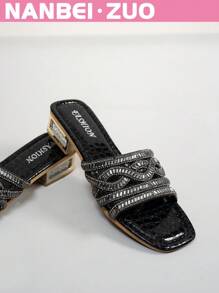 NANBEI ZUO NANBEI.ZUO Plus Size Women's Black Square Toe Hollow-Out Sparkling Rhinestone Decor Mid-High Heel Sandals, Fashion Minimalist Stylish High Quality Versatile Street Chic European And American Style Slip-On Comfortable Breathable Sandals For Commuting, Indoor, Outdoor, Party, Date, Holiday