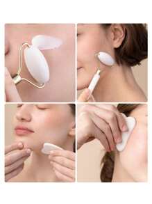 1 pieza Juego de herramientas de masaje facial, que incluye rodillo, tabla de masaje, tabla de raspado corporal Gua, opciones de color rosa y blanco