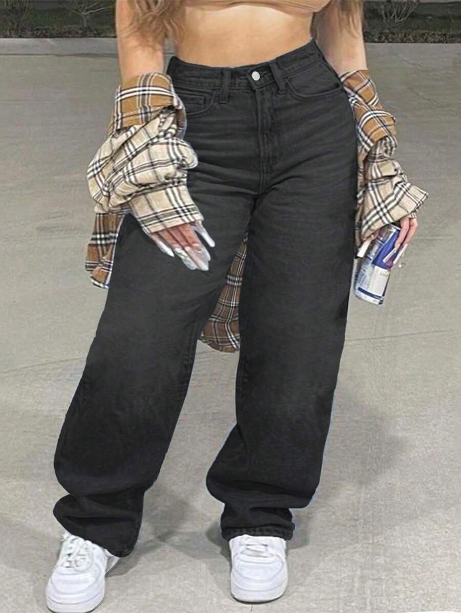 Large Size Women's Denim Jeans - Wide Leg Loose Mid Waist Boyfriend Jeans, Y2K Style Denim Pants - 黑色 - 查看 1
