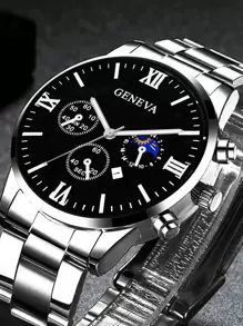 3 pièces/set Montre à quartz en acier inoxydable, bracelet et collier pour hommes et garçons, style décontracté et sportif