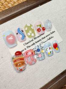 10 sztuk ręcznie robionych, przenośnych sztucznych paznokci, ręcznie malowanych, kreskówkowych, 3D, makaronikowych, graffiti, prasowanych paznokci, krótkich, gradientowych, prasowanych paznokci, uroczych, prasowanych paznokci, krótkich, pocałunkowych, malowanych ręcznie, krótkich paznokci, minimalistycznych wzorów, sztucznych paznokci z pełnym pokryciem, paznokci Y2K, unikalnych, kreatywnych, sztucznych paznokci, promocyjnych, codziennych paznokci, wielokrotnego użytku, codziennych paznokci dla kobiet i dziewcząt do użytku na przyjęciach i kolacjach, wielokrotnego użytku