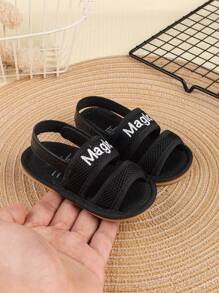 1 双男童纯色网眼钩环平底透气休闲凉鞋，夏季时尚 - 黑色 - 查看 5