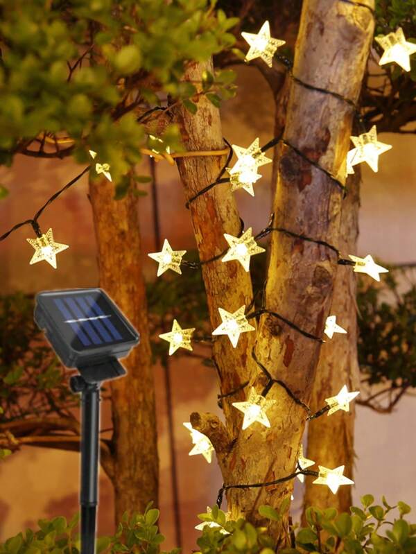 1pc 4/5/7M 20/30/50LED Stars 8-Function Solar String Lights, Waterproof Outdoor Garden Yard Decor Pentagram Lights, Colorful Warm Light For Garden, Balcony, Landscape Lighting, Stairs Decoration, Proposal, Birthday Room Decor, Camping, Graduation