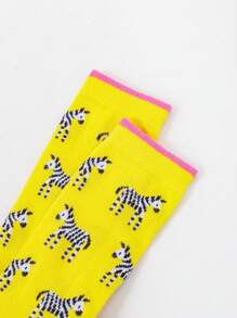 5 pares/sets de calcetines de tripulación de otoño con divertidos patrones de flamencos, jirafas, cebras, perezosos y pandas, adecuados para uso en el hogar, salidas y oficina - Multicolor - Ver 7