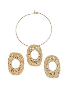 3 件套复古不对称金属圆形吊坠项链和耳环 - 金黃色 - 查看 4