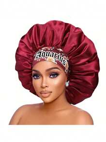 1 PC Hair Basic Satin Bonnet 12 Constellations Personalization Printed Satin Wide-Brimmed Elastic Sleep Cap Hat - Red Constellation - View 4