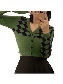 Womens Casual Long Sleeve Knitted Cardigan Fashion Contrast Color Rhombus Exposed Navel Knitwear