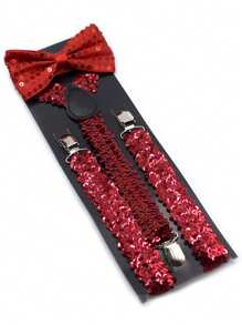 2 件亮片吊带和蝴蝶结套装，男女通用青少年款，纯色，Y 型背带和蝴蝶结套装