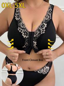 Plus Size Women Lace Patch Wireless Comfortable Lingerie Set - Black - View 5