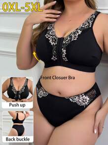 Plus Size Women Lace Patch Wireless Comfortable Lingerie Set - Black - View 3