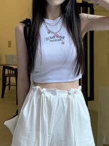 性感淑女字母刺绣短款背心，修身无袖休闲夏季外套