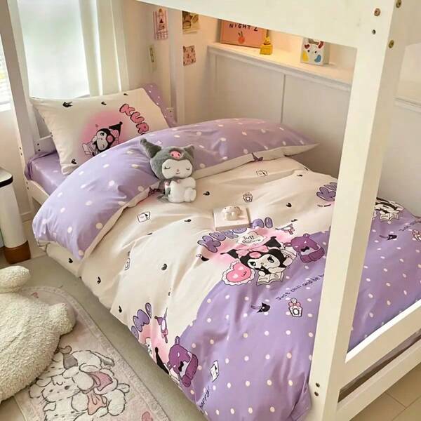 Sanrio 4 Stücke Sanrio Charakter Bettwäsche Set, Kinderbettwäsche, niedliche Bettwäsche, geeignet für Frühling, Sommer, warm und weich 1 Bettbezug + 2 Kissenbezüge + 1 Bettlaken, weich, bequem, Schlafzimmer Bettwäsche