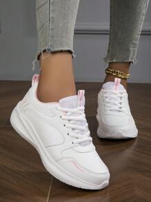 白色厚底厚底运动鞋，舒适软底轻便小白鞋，时尚百搭女士户外旅行步行鞋 - 白色 - 查看 1