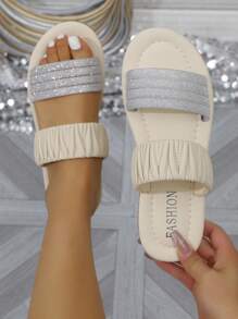 Layered Strap Cork Slides/Beige Crinkle & Silver Metallic/Minimalist Summer Style - Silver - View 3