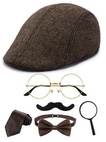 D EXCEE 6 件 1920 年代侦探服装配饰套装，适用于女士和男士软呢帽假胡须道具眼镜蝴蝶结道具领带了不起的盖茨比派对万圣节角色扮演装饰礼物舞会 - 多色 - 查看 8