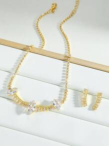 3 件奢华珠宝套装，镶嵌闪亮水晶和方晶锆石，18K 镀金，适合晚会、派对、婚礼和日常佩戴 - 金黃色 - 查看 2