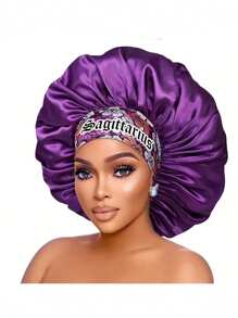 1 件紫色波西米亚风格女士发饰基本款缎面帽 12 星座个性化印花缎面宽边弹力睡帽