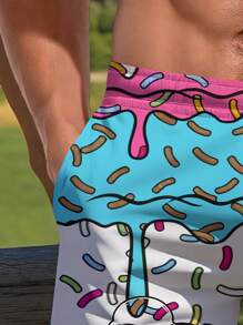 Men's 3D Ice Cream & Cake Print Beach Shorts, Hawaiian Style - Multicolor - View 5